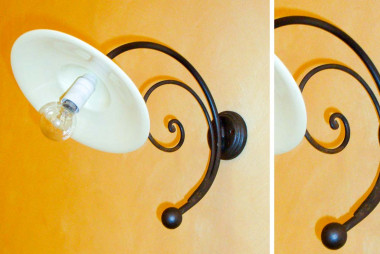 Classica applique con piattino in ceramica in ferro battuto a mano - Acquista la lampada a muro Artù by Artigianfer Spello