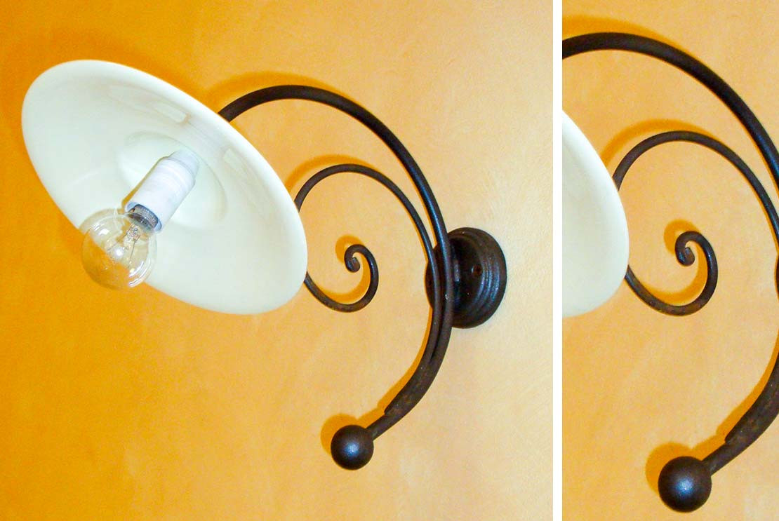 Classica applique con piattino in ceramica in ferro battuto a mano - Acquista la lampada a muro Artù by Artigianfer Spello