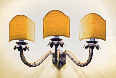 3-bulb wall sconce light in hand-forged wrought iron with fabric lampshades - Buy Aurora Applique by Artigianfer Spello