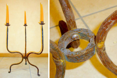 3-arm hand-wrought iron table candlestick in natural rust finish - Buy Idra by Artigianfer Spello